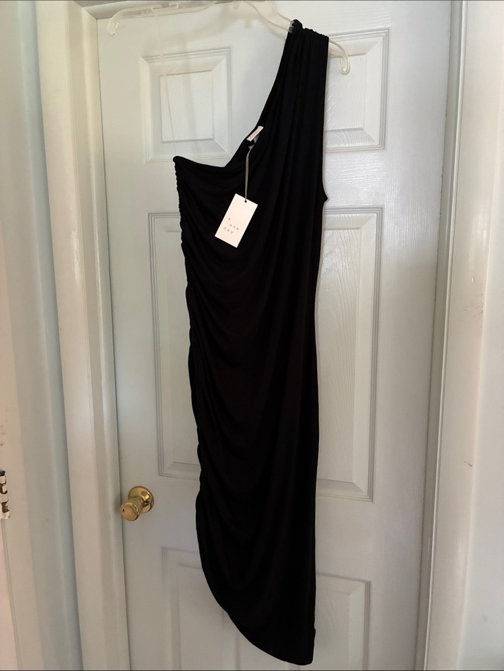 NWT a new day One-Shoulder Black Ruched soft knit Midi Dress